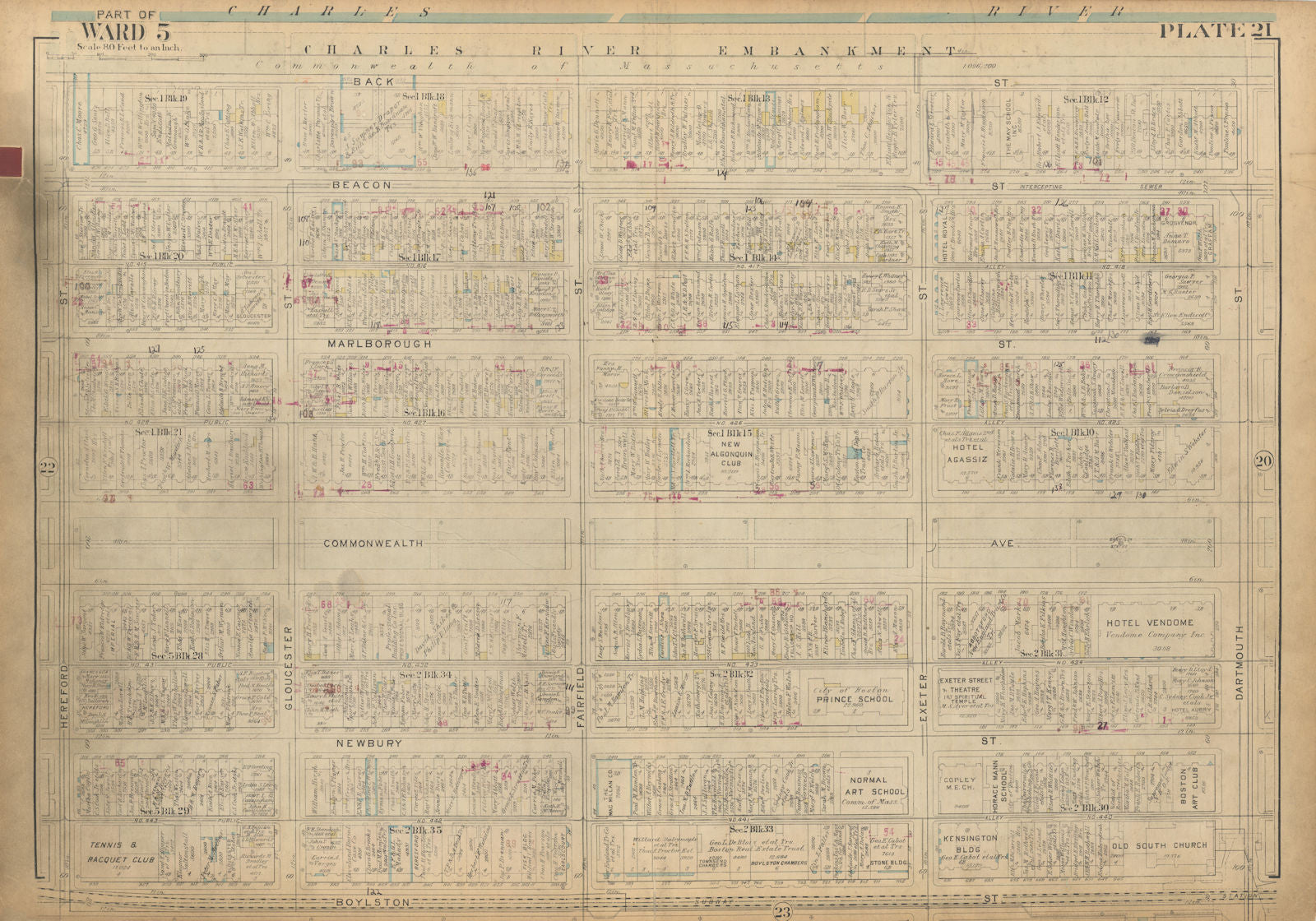 Boston #21 Back Bay. Dartmouth–Hereford St/Commonwealth Ave. BROMLEY 1928 map